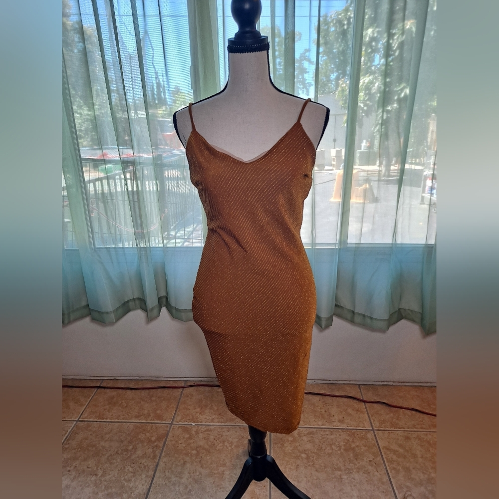 Haute Monde Brown/Gold Spaghetti Strap mini Dress Size Small.